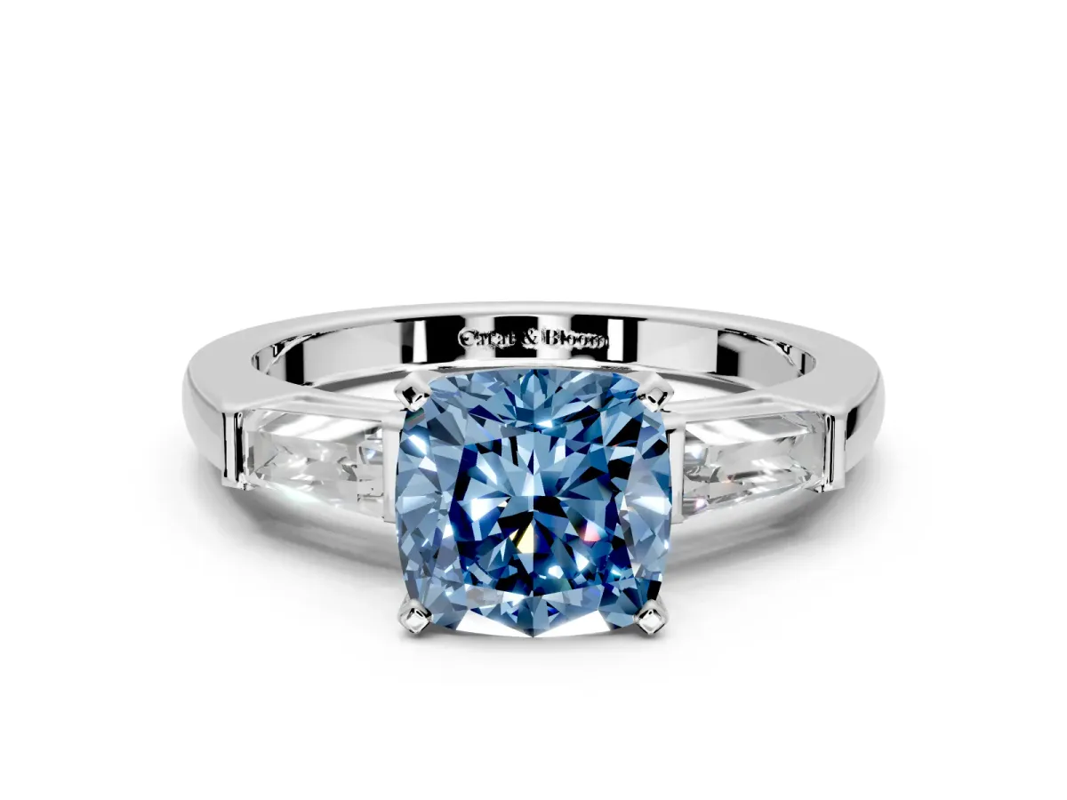 3 Stone Engagement Ring Setting for Fancy Blue Cushion Cut Center with Tapered Baguettes, Plain Band and Prong Head in Sterling Silver