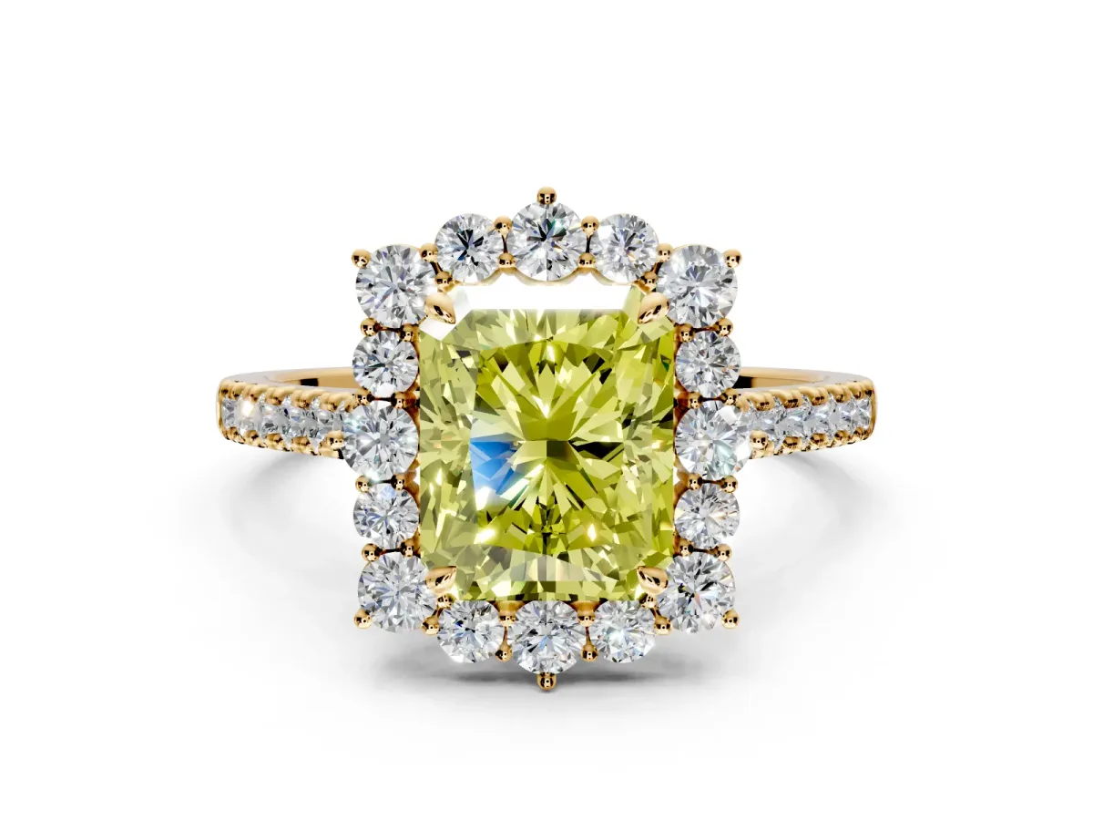 Halo Engagement Ring Setting for Fancy Yellow Radiant Cut Center with Single-Row Pave, Open Basket and Prong Head in Yellow Gold