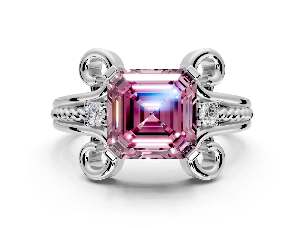 Solitaire Engagement Ring Setting for Fancy Pink Asscher Cut Center with Twisted Band and Scroll Prong Head in Sterling Silver