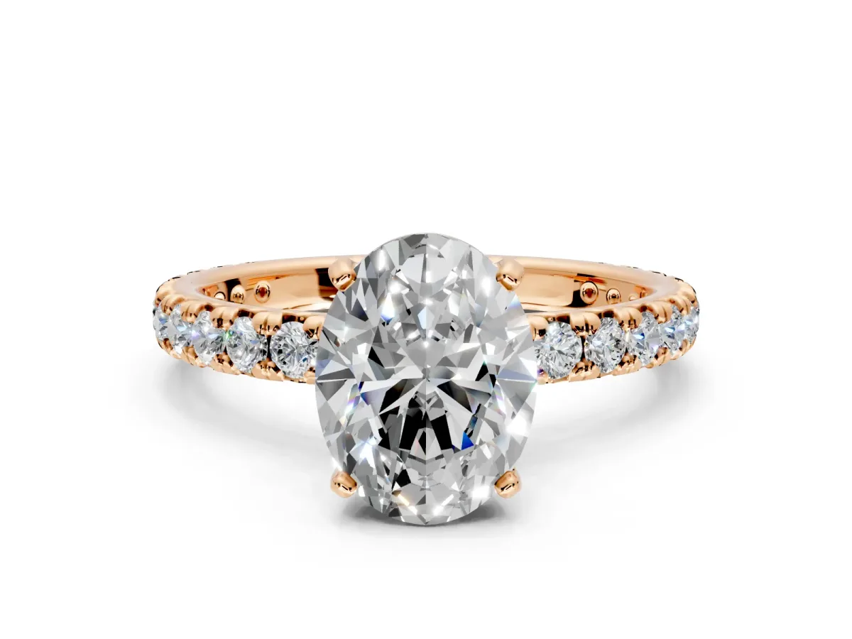 Solitaire Engagement Ring Setting for Oval Center with Shared-Prong Accents and Prong Head in Rose Gold