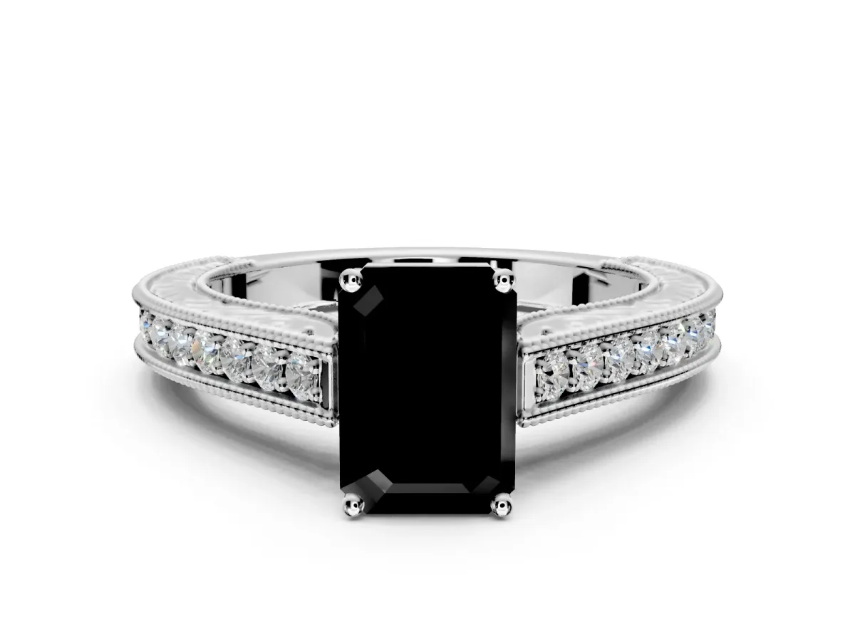 Solitaire Engagement Ring Setting for Fancy Black Emerald Cut Center with Engraved Pave Band and Prong Head in Sterling Silver