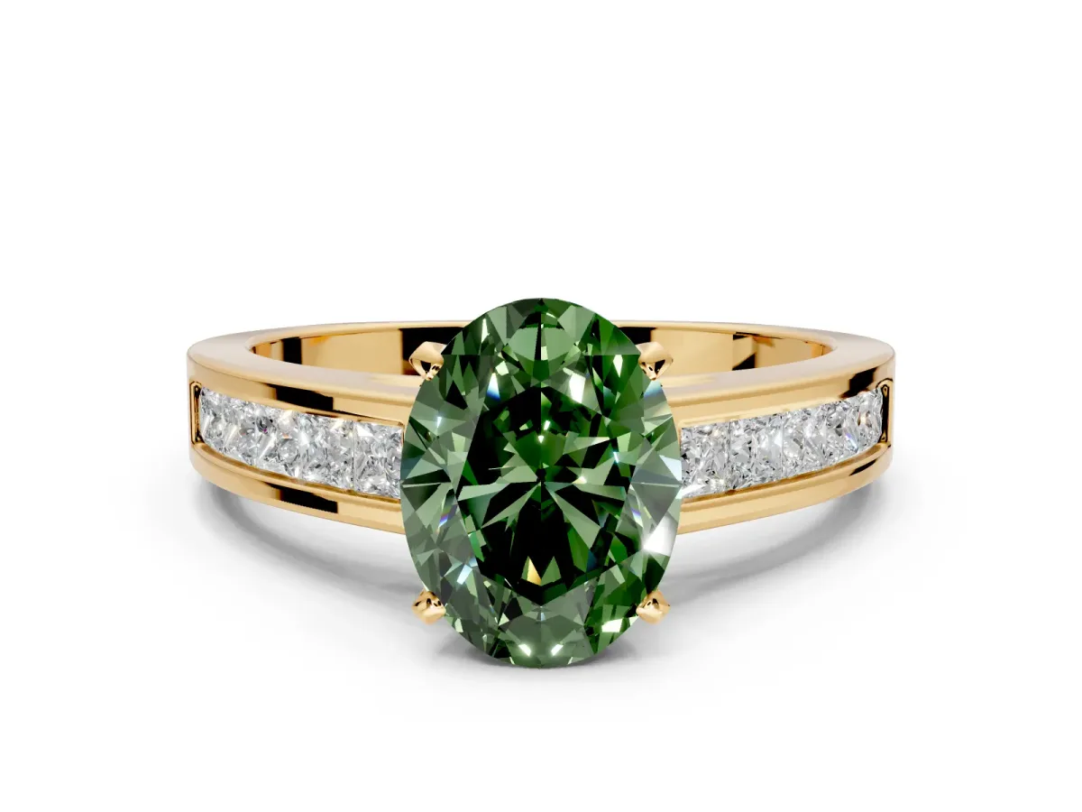 Solitaire Engagement Ring Setting for Fancy Green Oval Center with Princess Cut Channel Band and Prong Head in Yellow Gold