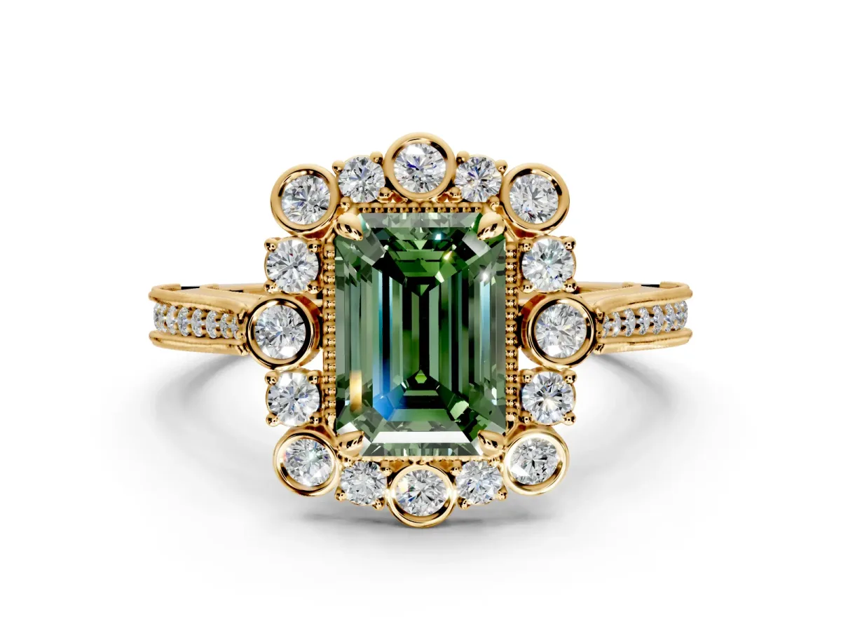 Milgrain Halo Engagement Ring Setting for Fancy Green Emerald Cut Center with Bezel Point Accents and Prong Head in Yellow Gold
