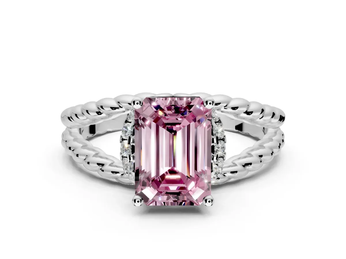 Halo Engagement Ring Setting for Fancy Pink Emerald Cut Center with Rope Twist Split Shank and Prong Head in Platinum
