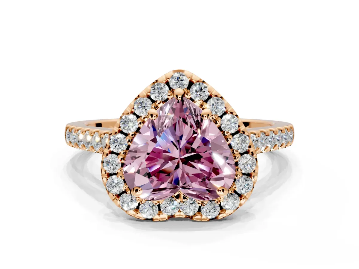 Halo Engagement Ring Setting for Fancy Pink Heart-Shaped Center with Raised Halo, Pave Band and Prong Head in Rose Gold