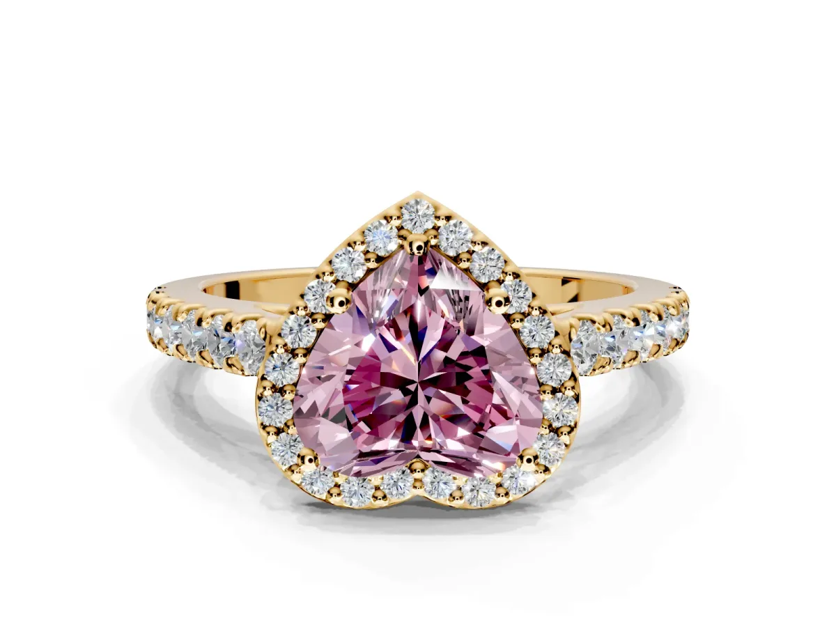 Halo Engagement Ring Setting for Fancy Pink Heart-Shaped Center with Full Pave Band and Prong Head in Yellow Gold
