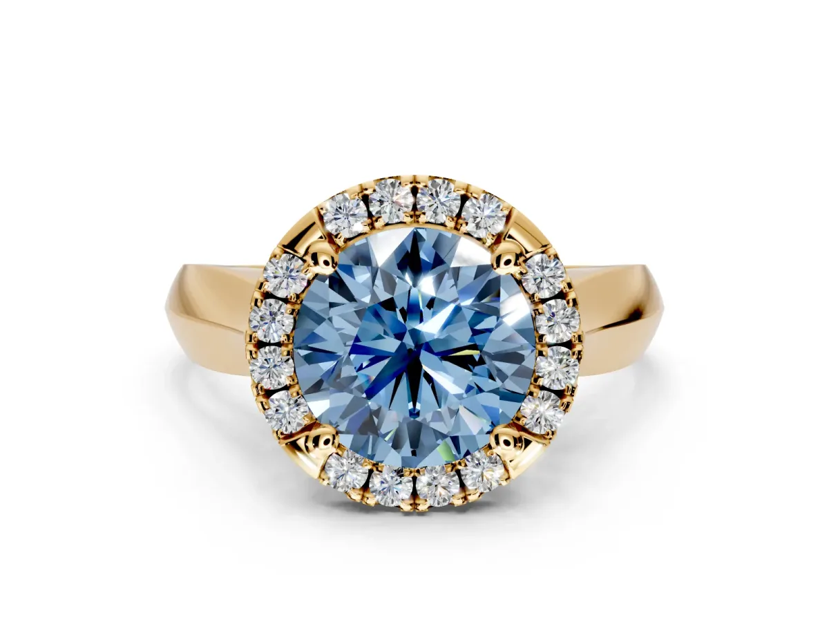 Halo Engagement Ring Setting for Fancy Blue Round Cut Center with Square Band and Prong Head in Yellow Gold