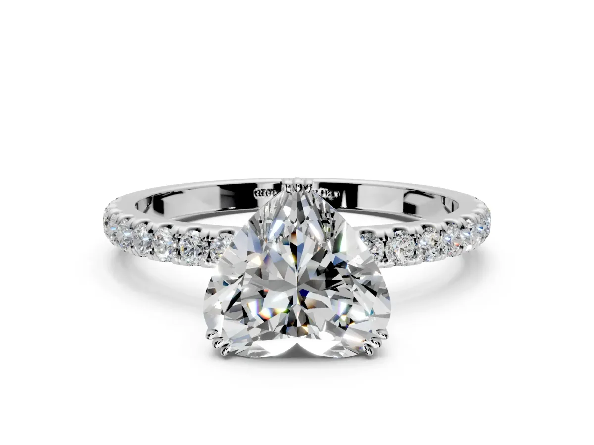 Solitaire Engagement Ring Setting for Heart-Shaped Center with Pave Band and Claw Prong Head in White Gold
