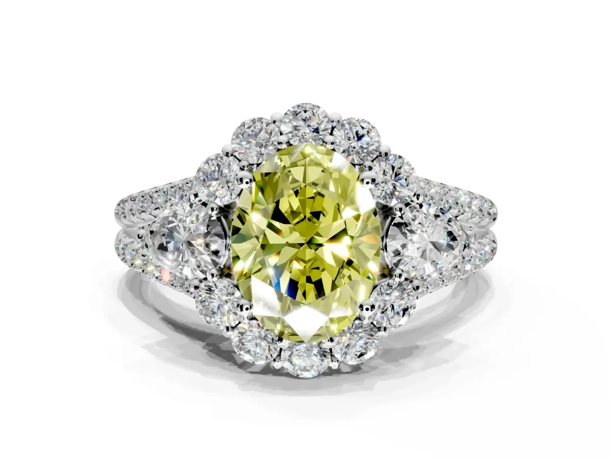 Halo Engagement Ring Setting for Fancy Yellow Oval Center with Two-Strand Split Shank and Prong Head in Sterling Silver