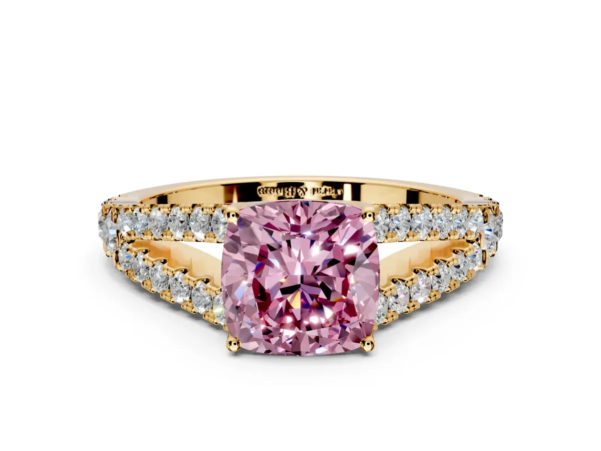 Solitaire Engagement Ring Setting for Fancy Pink Cushion Cut Center with Pave Split Shank and Prong Head in Yellow Gold