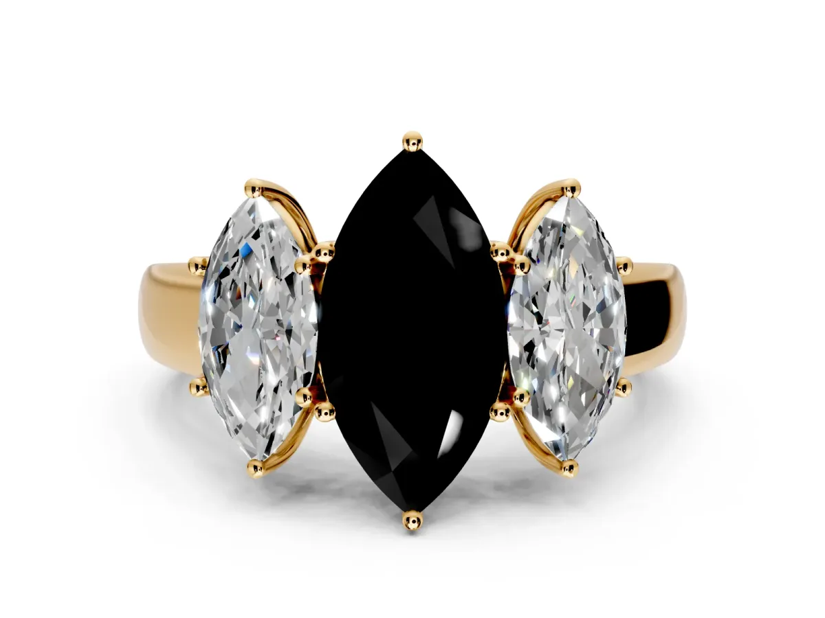 3 Stone Engagement Ring Setting for Fancy Black Marquise Center with Raised Basket Heads and Prong Head in Yellow Gold