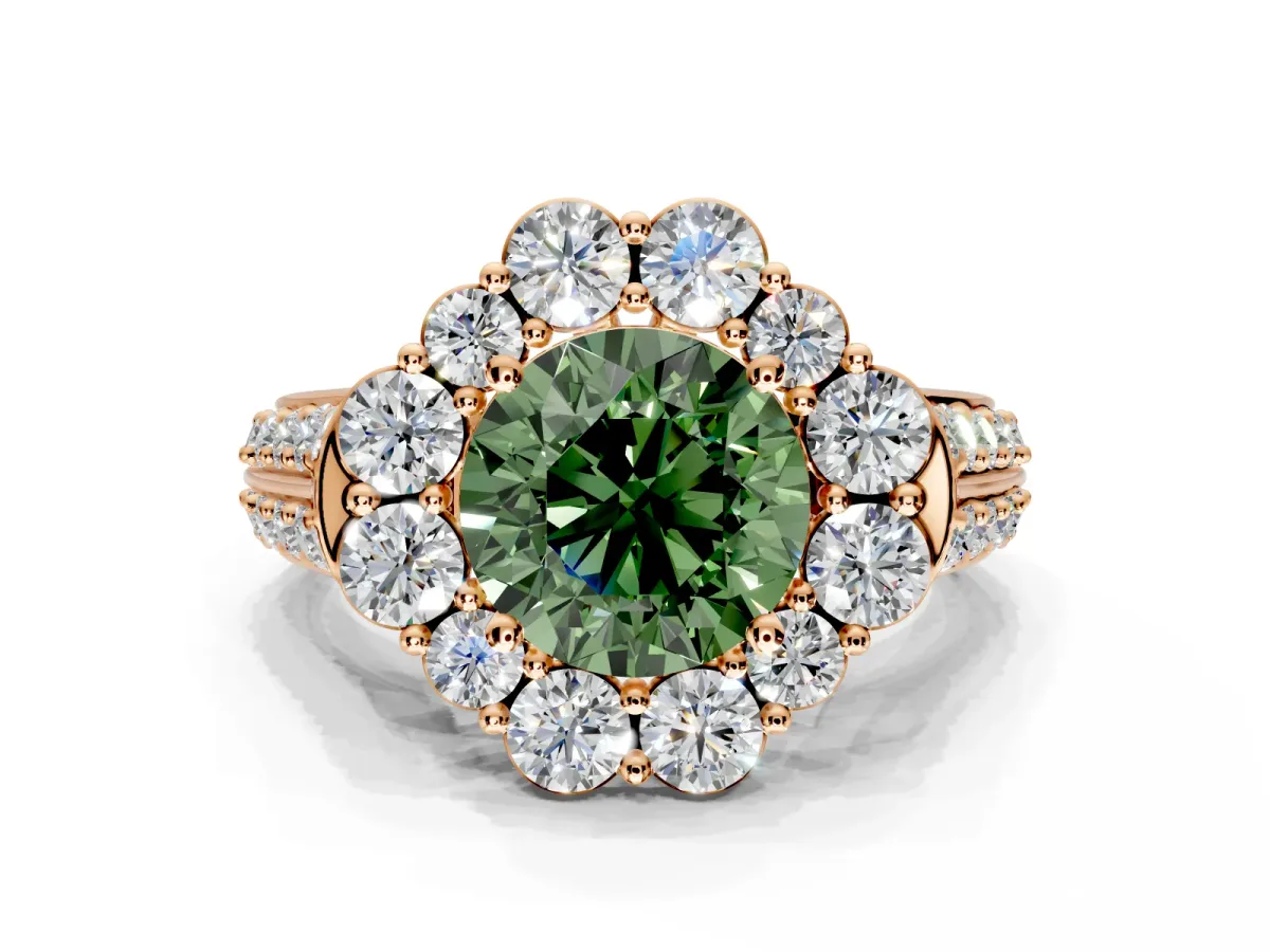Large Accent Halo Engagement Ring Setting for Fancy Green Round Cut Center with Pave Split Shank and Prong Head in Rose Gold