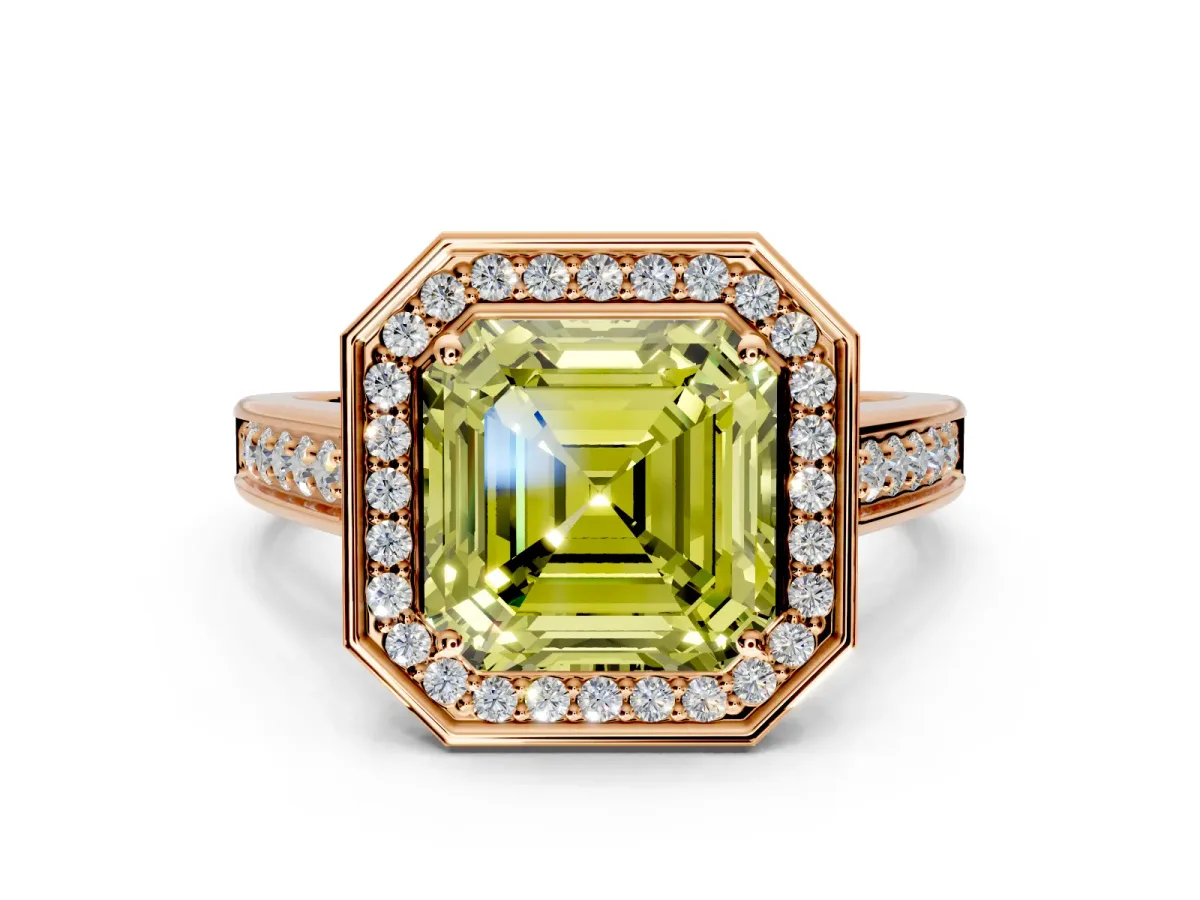 Halo Engagement Ring Setting for Fancy Yellow Asscher Cut Center with Outer Bezel Rim, Pave Band and Prong Head in Rose Gold