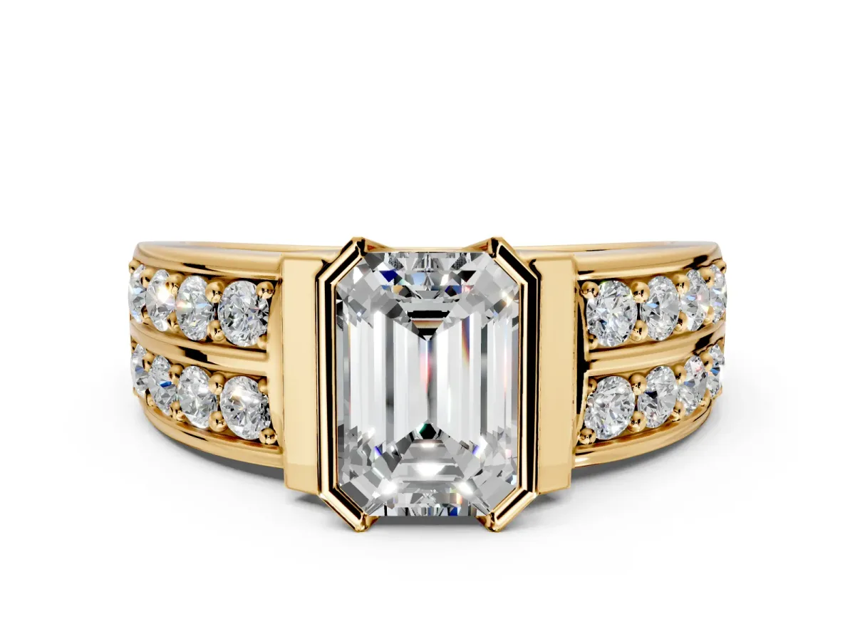 Bezel Engagement Ring Setting for Emerald Cut Center with Wide Channel-Set Band and Bezel Head in Yellow Gold