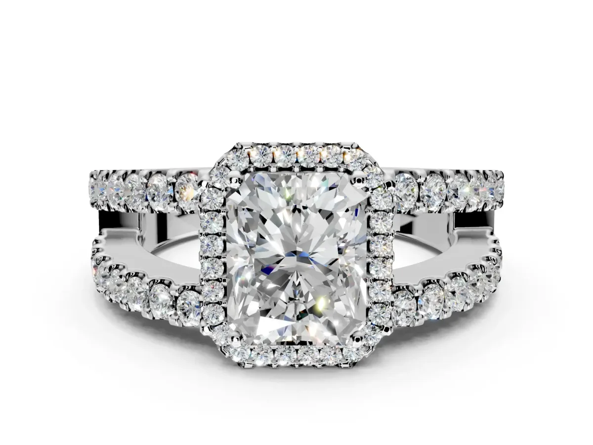 Halo Engagement Ring Setting for Radiant Cut Center with Wide-Open Pave Split Shank and Prong Head in Platinum