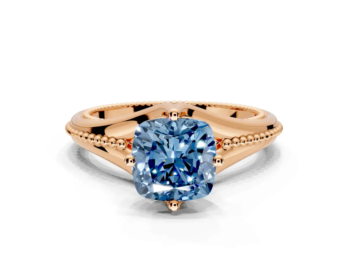 Solitaire Engagement Ring Setting for Fancy Blue Cushion Cut Center with Milgrain Cathedral Band and Prong Head in Rose Gold