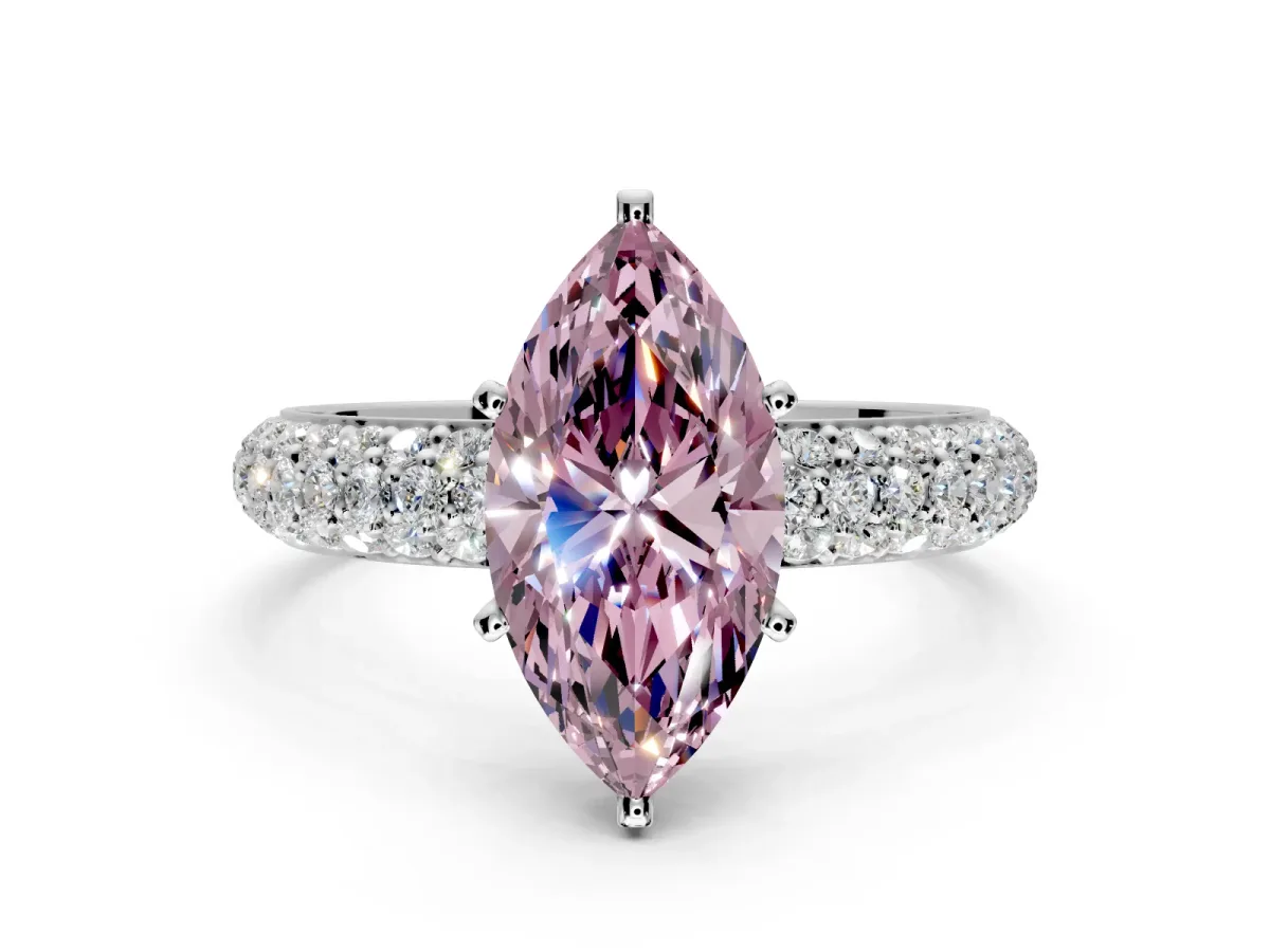 Solitaire Engagement Ring Setting for Fancy Pink Marquise Center with Domed Multi-Row Pave Band and Prong Head in Sterling Silver