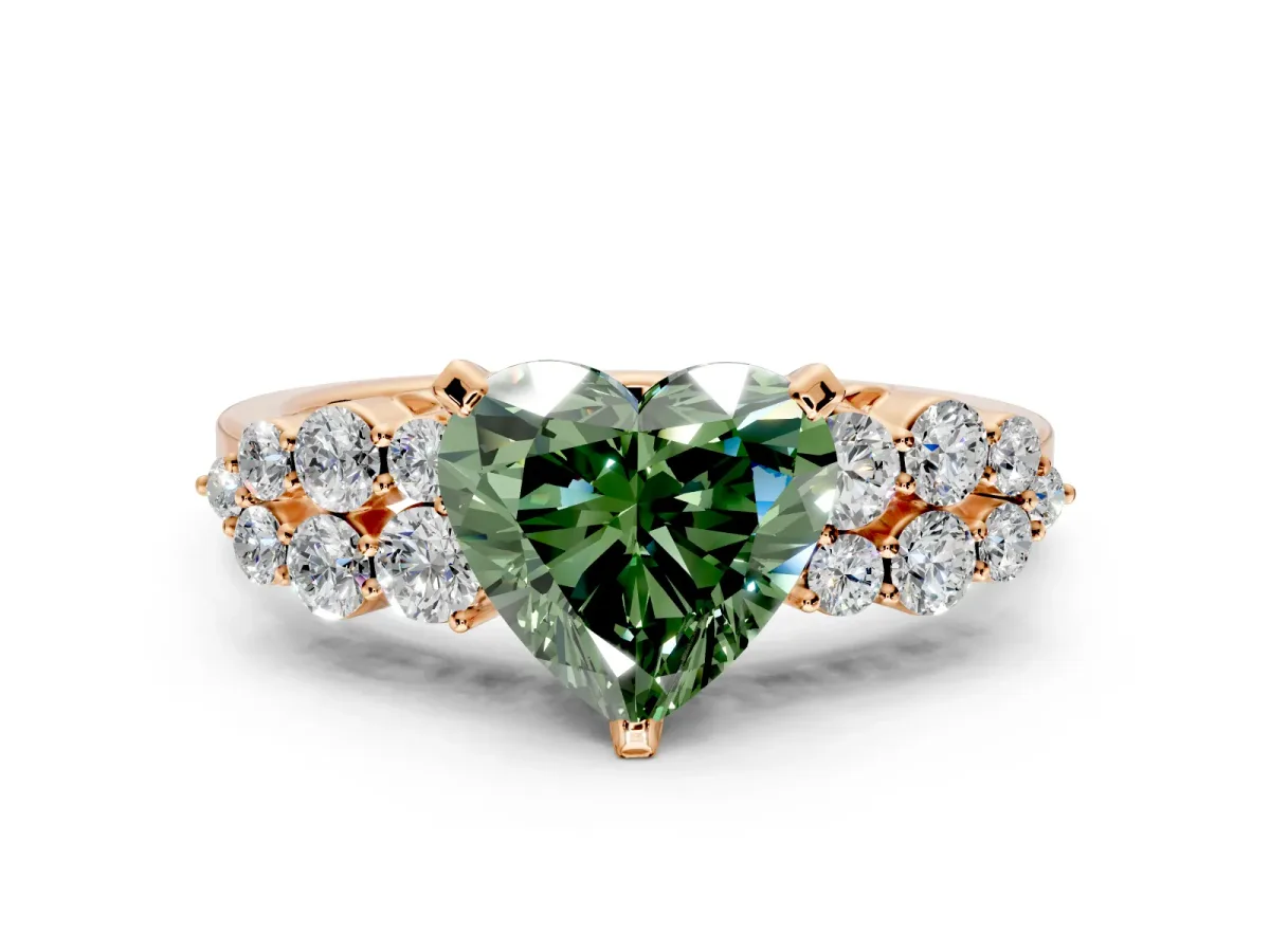 Cluster Engagement Ring Setting for Fancy Green Heart-Shaped Center with 2-Row Shoulder Clusters and Prong Head in Rose Gold