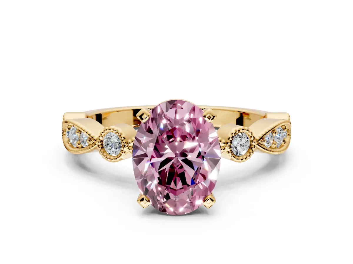 Solitaire Engagement Ring Setting for Fancy Pink Oval Center with Milgrain Bezel Accents and Prong Head in Yellow Gold