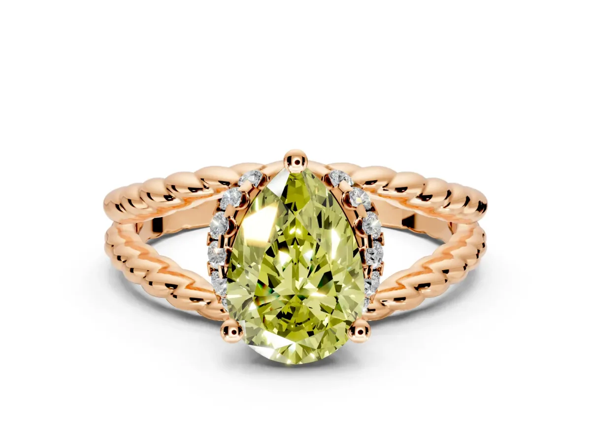 Halo Engagement Ring Setting for Fancy Yellow Pear-Shaped Center with Rope Twist Split Shank and Prong Head in Rose Gold