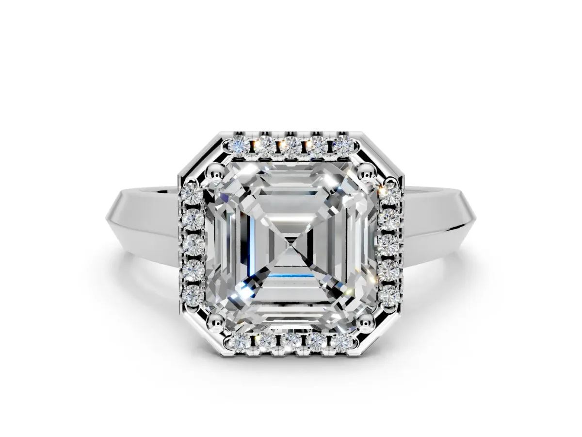 Halo Engagement Ring Setting for Asscher Cut Center with Knife Ridge Cathedral Band and Prong Head in Platinum