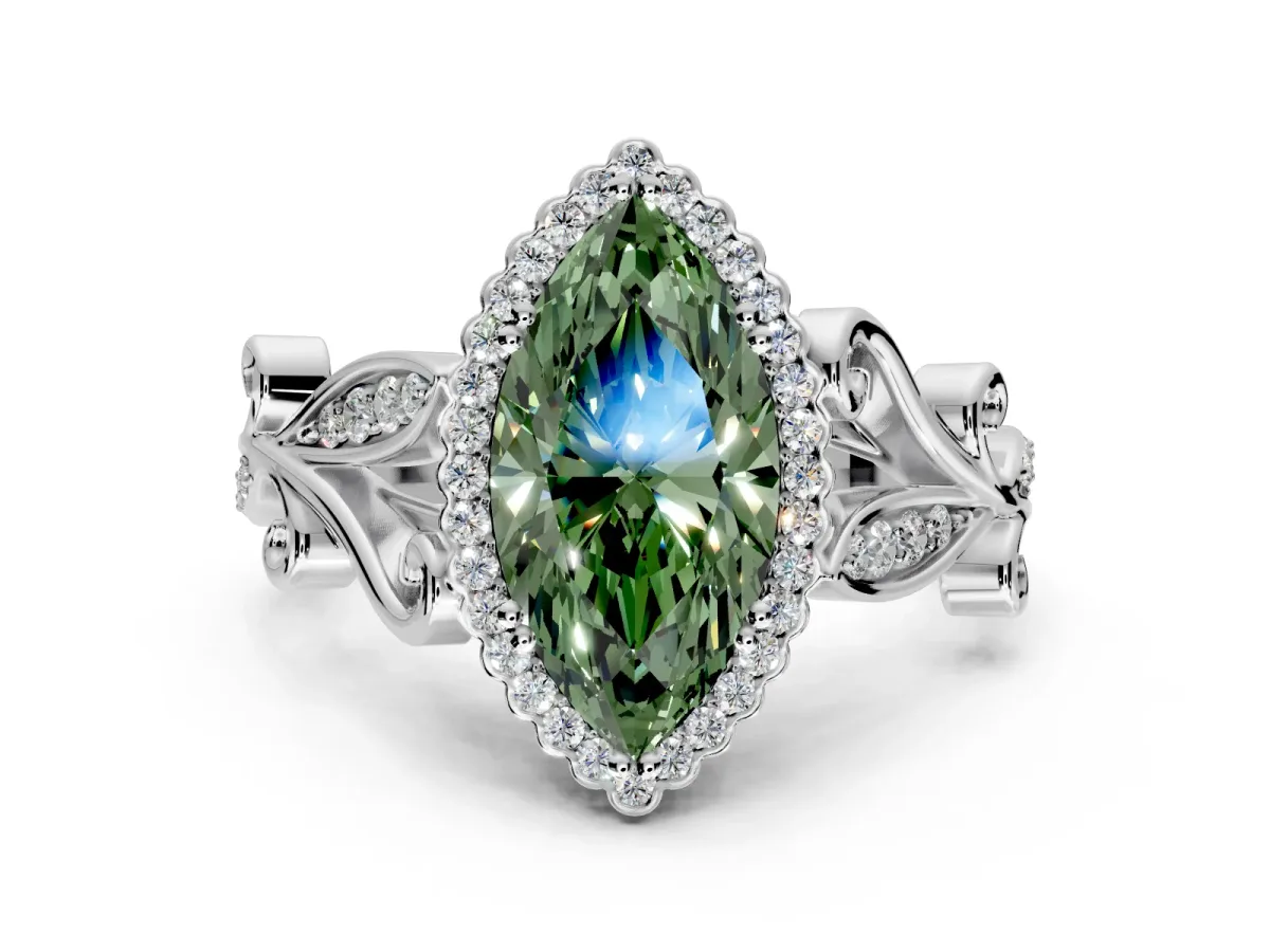 Halo Engagement Ring Setting for Fancy Green Marquise Center with Leaf Motif Split Shank and Prong Head in Platinum