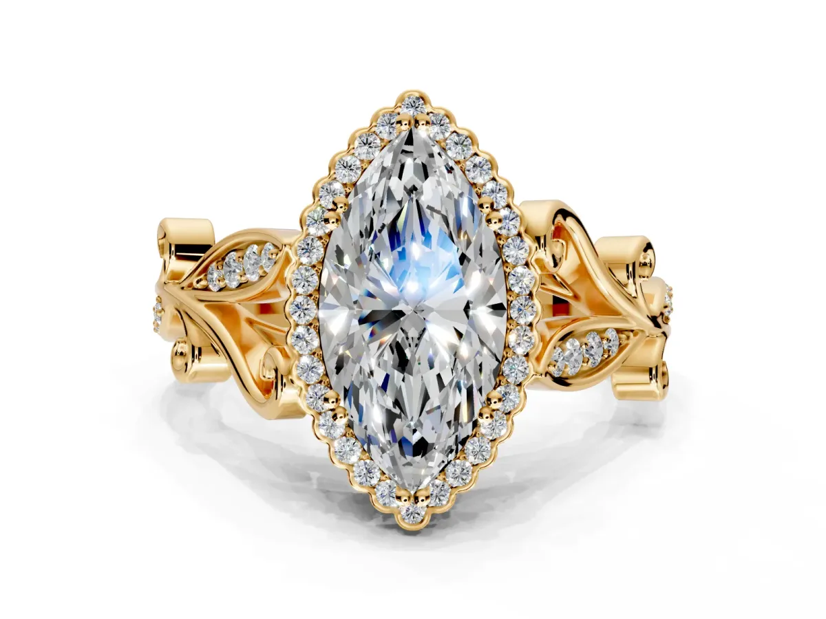 Halo Engagement Ring Setting for Marquise Center with Leaf Motif Split Shank and Prong Head in Yellow Gold