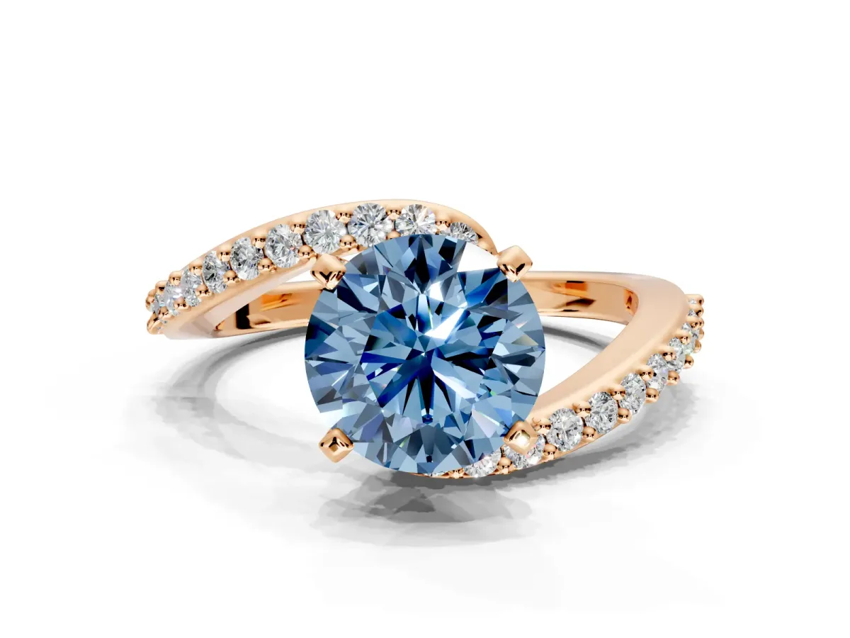 Solitaire Engagement Ring Setting for Fancy Blue Round Cut Center with Pave Bypass Swirl Band and Prong Head in Rose Gold