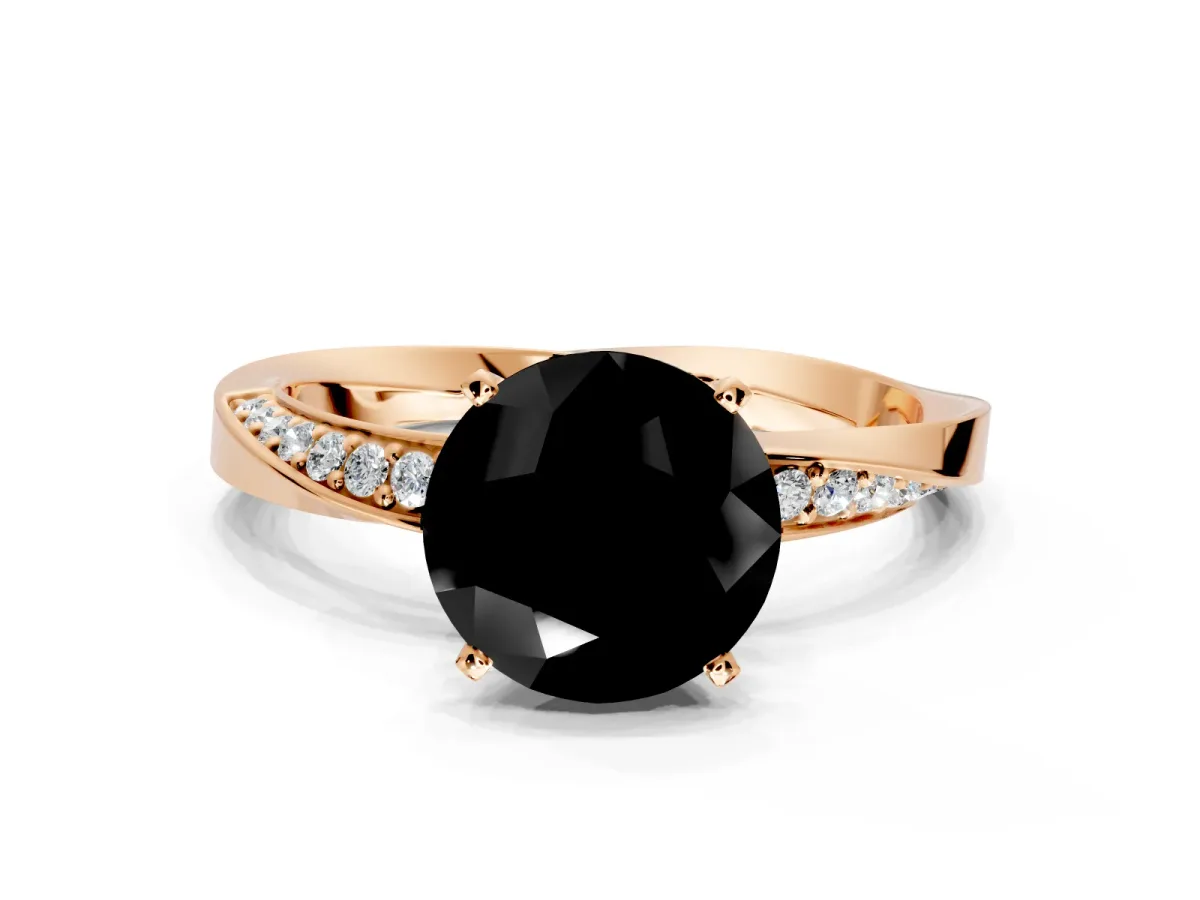 Side Accent Engagement Ring Setting for Fancy Black Round Cut Center with Accent Shoulders and Prong Head in Rose Gold