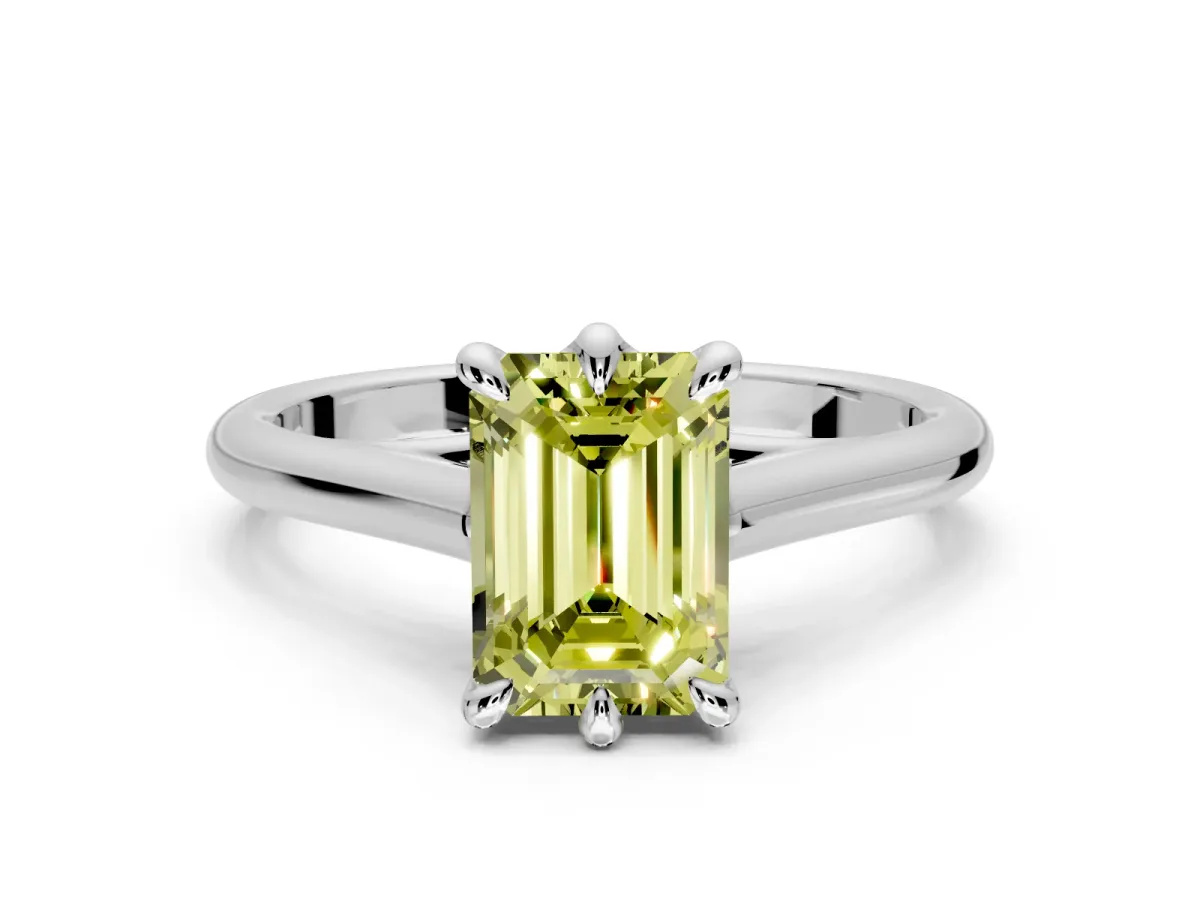 Solitaire Engagement Ring Setting for Fancy Yellow Emerald Cut Center with Cathedral Band and Prong Head in Sterling Silver