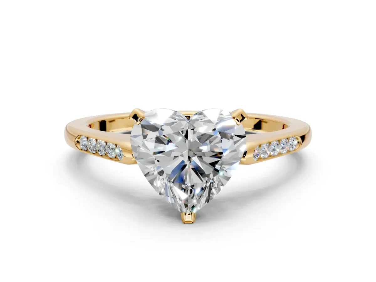 Solitaire Engagement Ring Setting for Heart-Shaped Center with Channel Accents and Prong Head in Yellow Gold