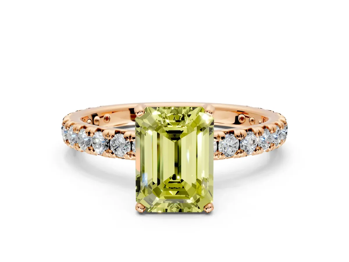 Solitaire Engagement Ring Setting for Fancy Yellow Emerald Cut Center with Shared-Prong Accents and Prong Head in Rose Gold