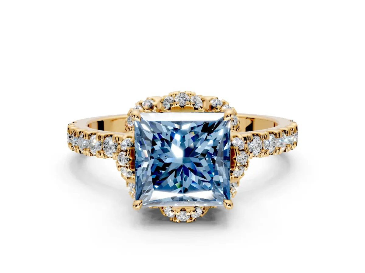Halo Engagement Ring Setting for Fancy Blue Princess Cut Center with Openwork Halo, Pave Band and Prong Head in Yellow Gold