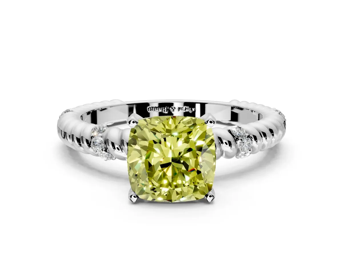 Rope Engagement Ring Setting for Fancy Yellow Cushion Cut Center with Accent Shoulders and Prong Head in White Gold
