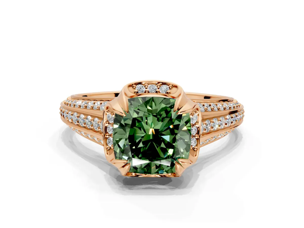 Solitaire Engagement Ring Setting for Fancy Green Cushion Cut Center with Accented Split Shank and Prong Head in Rose Gold