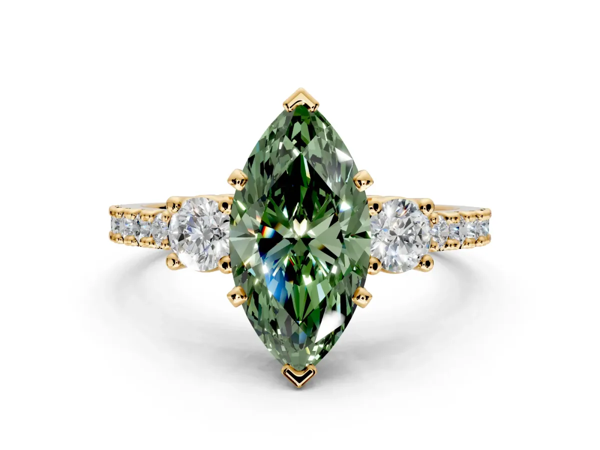 3 Stone Engagement Ring Setting for Fancy Green Marquise Center with Round Cut Side Accents and Prong Head in Yellow Gold
