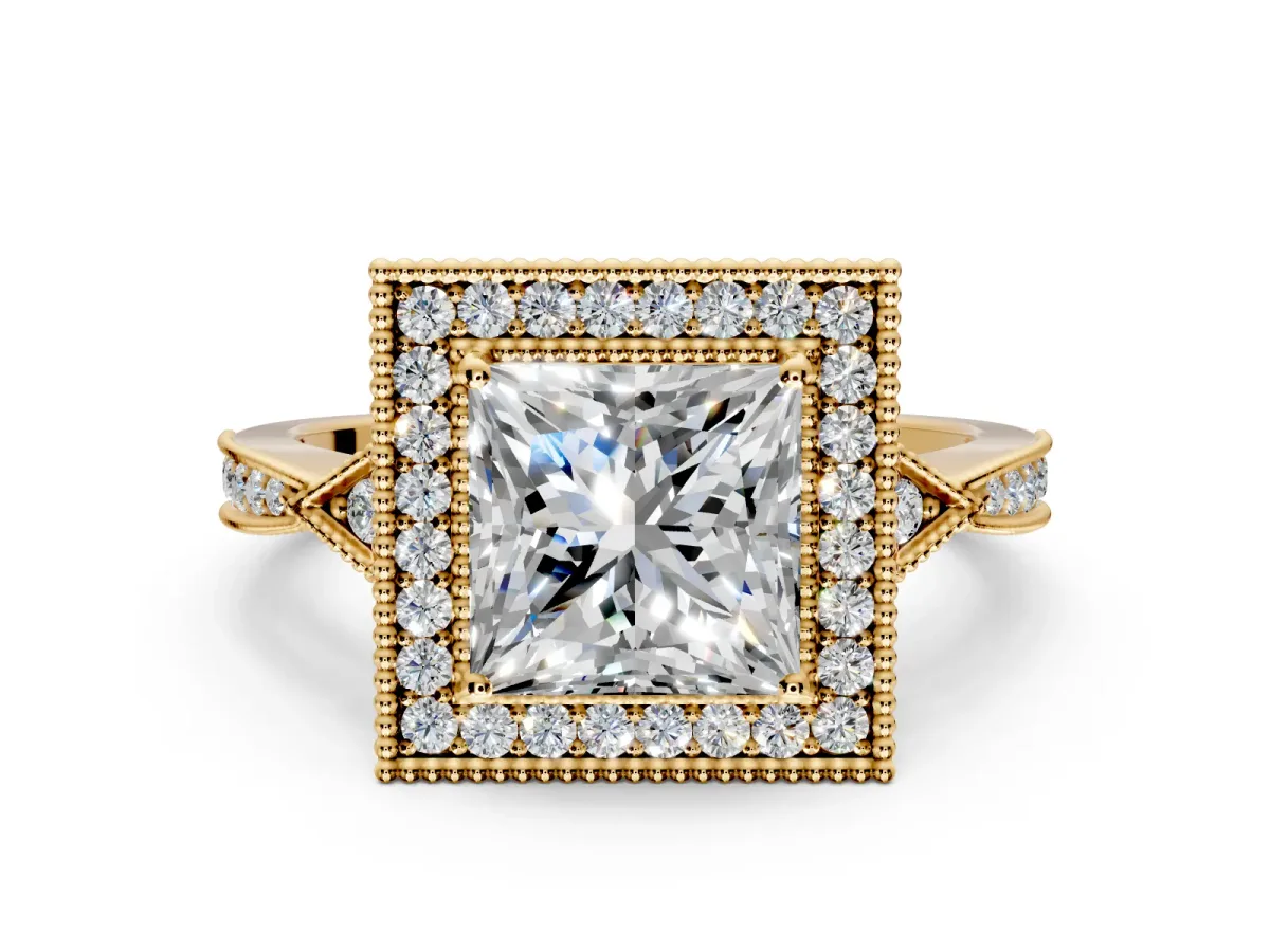Halo Engagement Ring Setting for Princess Cut Center with Milgrain Rim, Pave Band and Prong Head in Yellow Gold