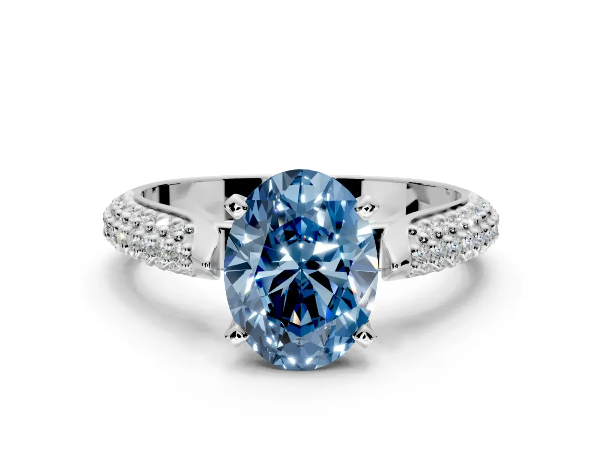 Solitaire Engagement Ring Setting for Fancy Blue Oval Center with Multi-Row Accents and Prong Head in Sterling Silver