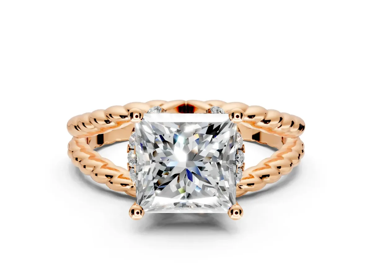 Halo Engagement Ring Setting for Princess Cut Center with Rope Twist Split Shank and Prong Head in Rose Gold