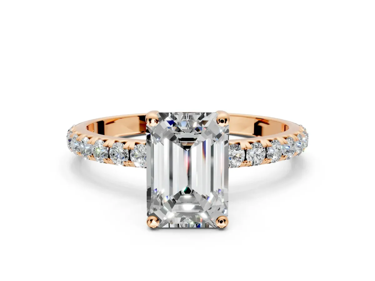 Solitaire Engagement Ring Setting for Emerald Cut Center with Micro Pave Band and Prong Head in Rose Gold