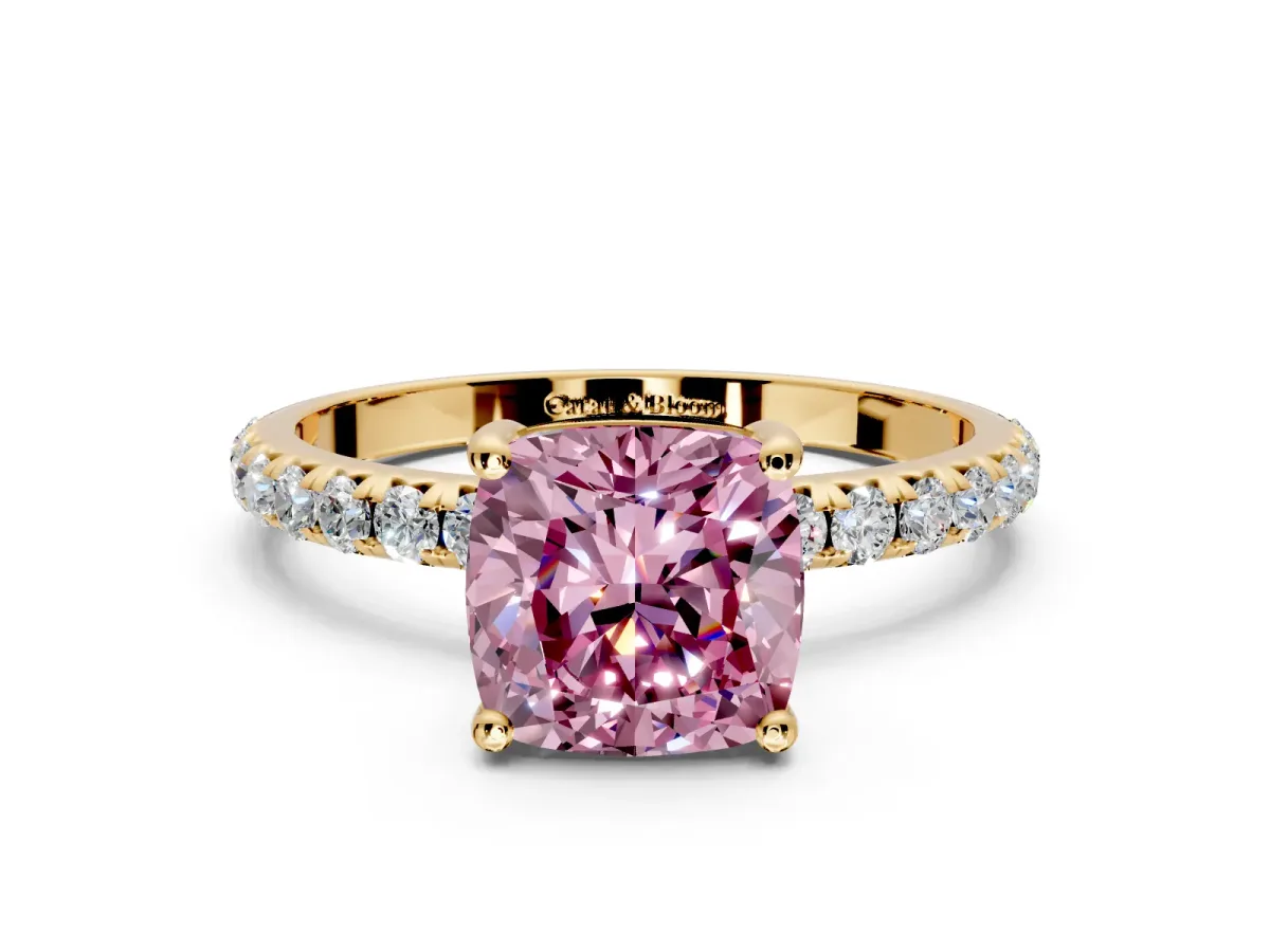 Solitaire Engagement Ring Setting for Fancy Pink Cushion Cut Center with Micro Pave Band and Prong Head in Yellow Gold