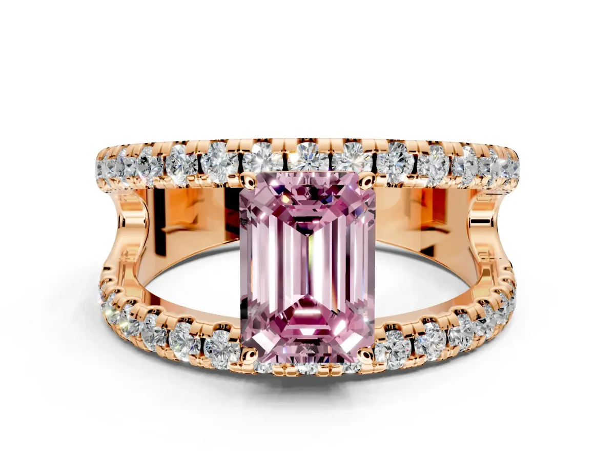 Solitaire Engagement Ring Setting for Fancy Pink Emerald Cut Center with Wide-Open Split Shank and Prong Head in Rose Gold