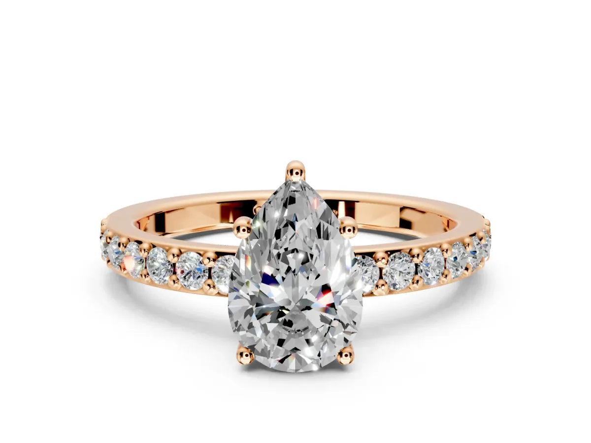 Solitaire Engagement Ring Setting for Pear-Shaped Center with Round Cut Pave Band and Prong Head in Rose Gold