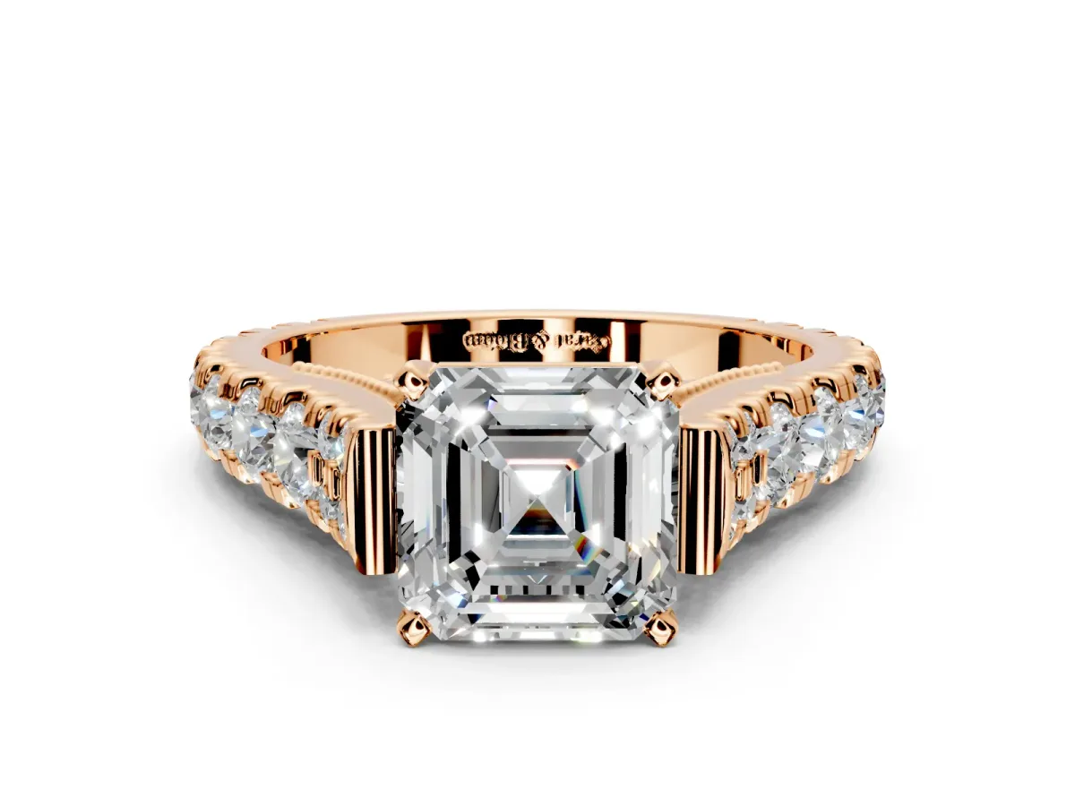 Solitaire Engagement Ring Setting for Asscher Cut Center with Pave Cathedral Shoulders and Prong Head in Rose Gold