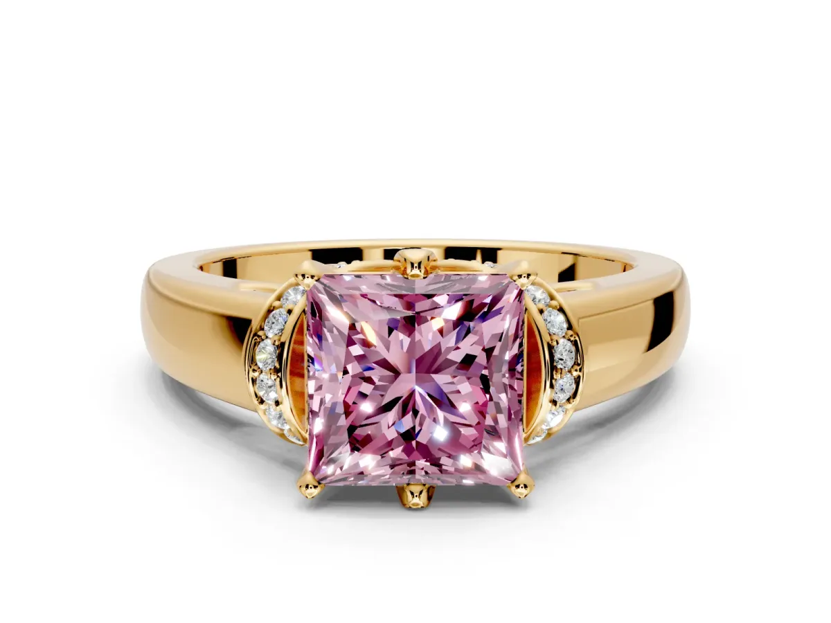 Solitaire Engagement Ring Setting for Fancy Pink Princess Cut Center with Wide Band, Pave Collar and Prong Head in Yellow Gold