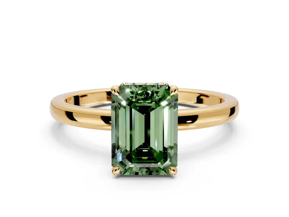 Hidden Halo Engagement Ring Setting for Fancy Green Emerald Cut Center with Plain Band and Tall Prong Head in Yellow Gold
