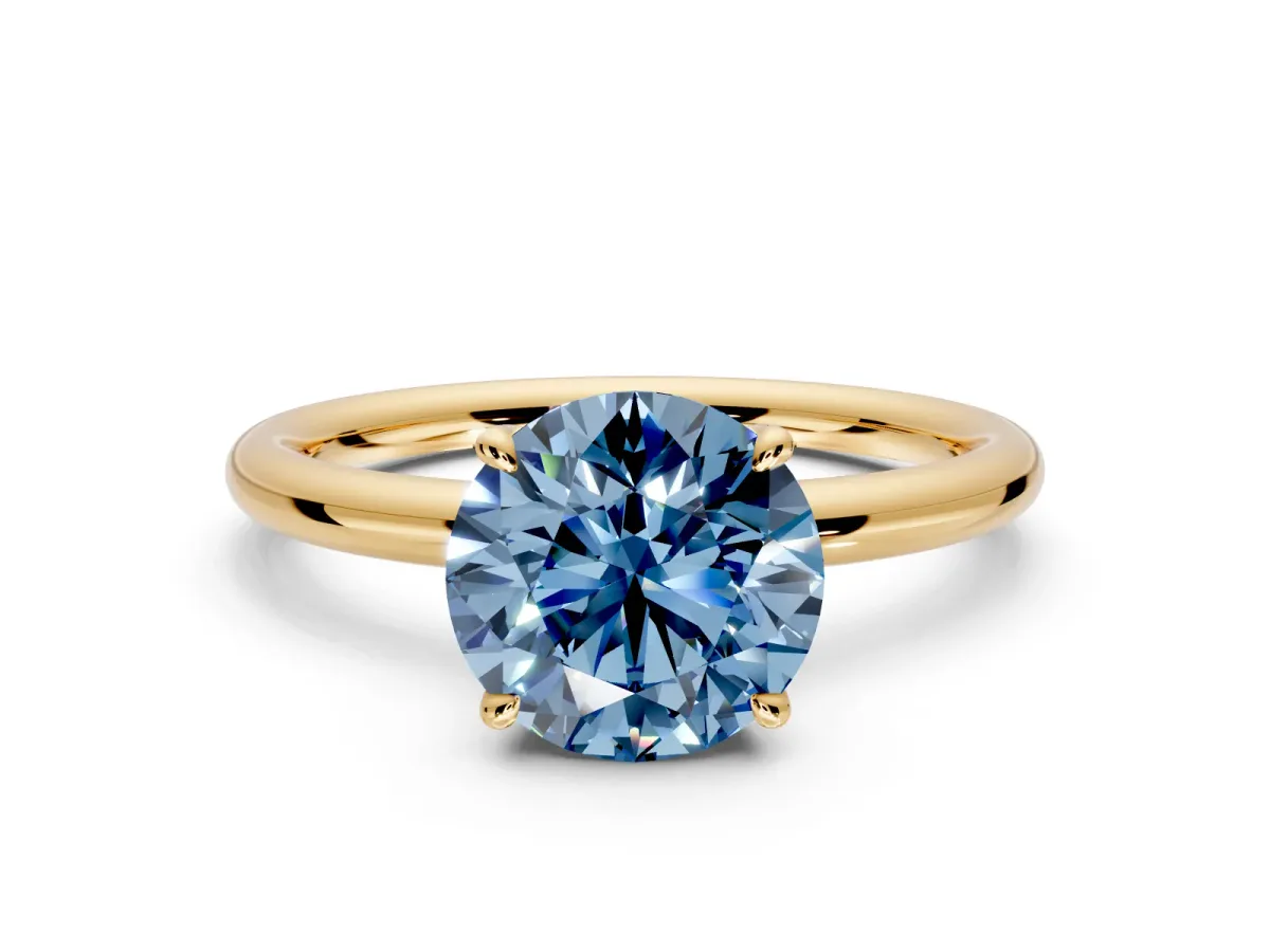 Hidden Halo Engagement Ring Setting for Fancy Blue Round Cut Center with Thin Rounded Band and Prong Head in Yellow Gold