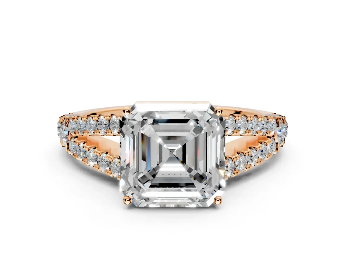 Solitaire Engagement Ring Setting for Asscher Cut Center with Pave Split Shank and Prong Head in Rose Gold