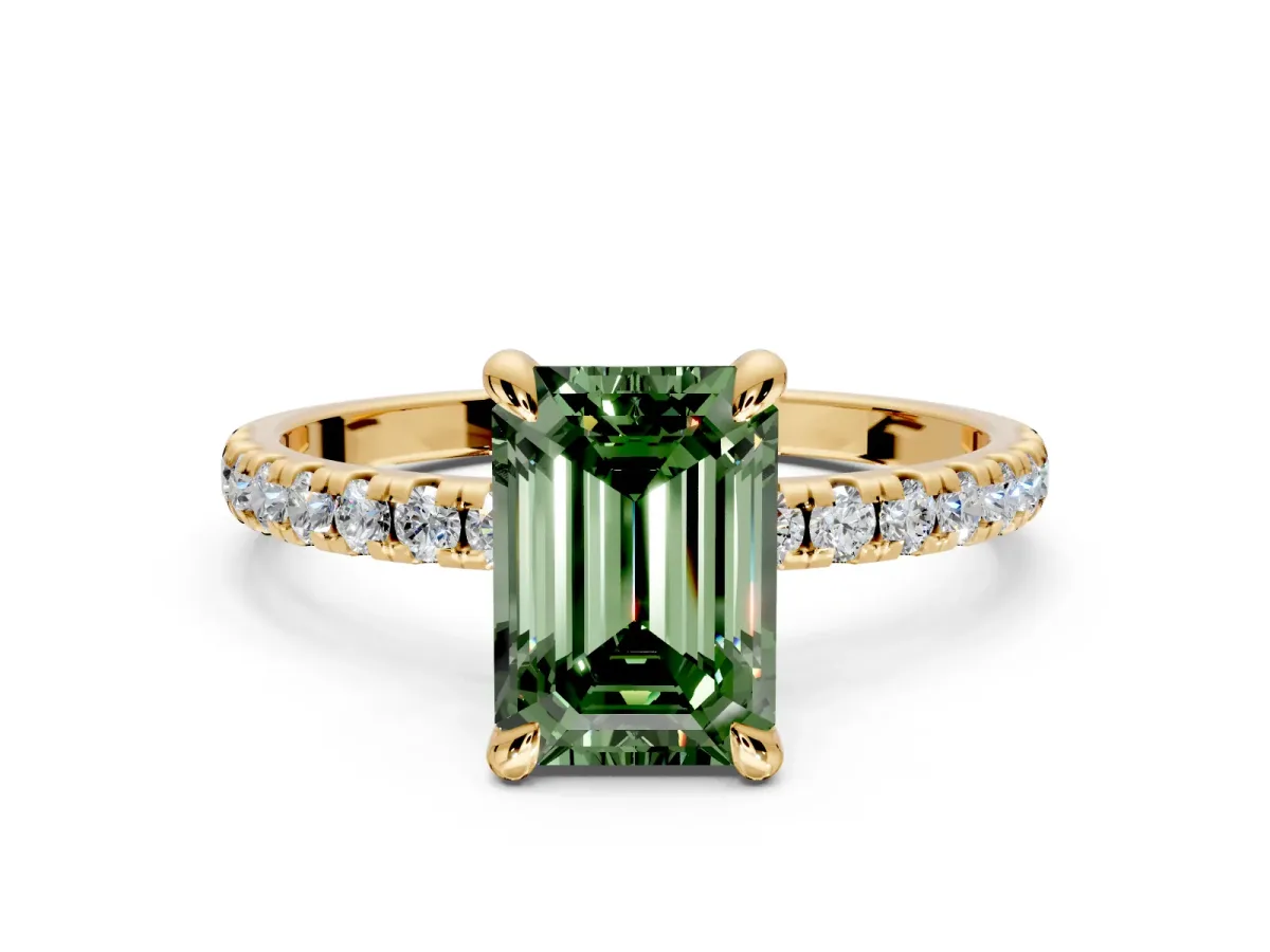 Solitaire Engagement Ring Setting for Fancy Green Emerald Cut Center with Fine Pave Narrow Band and Prong Head in Yellow Gold