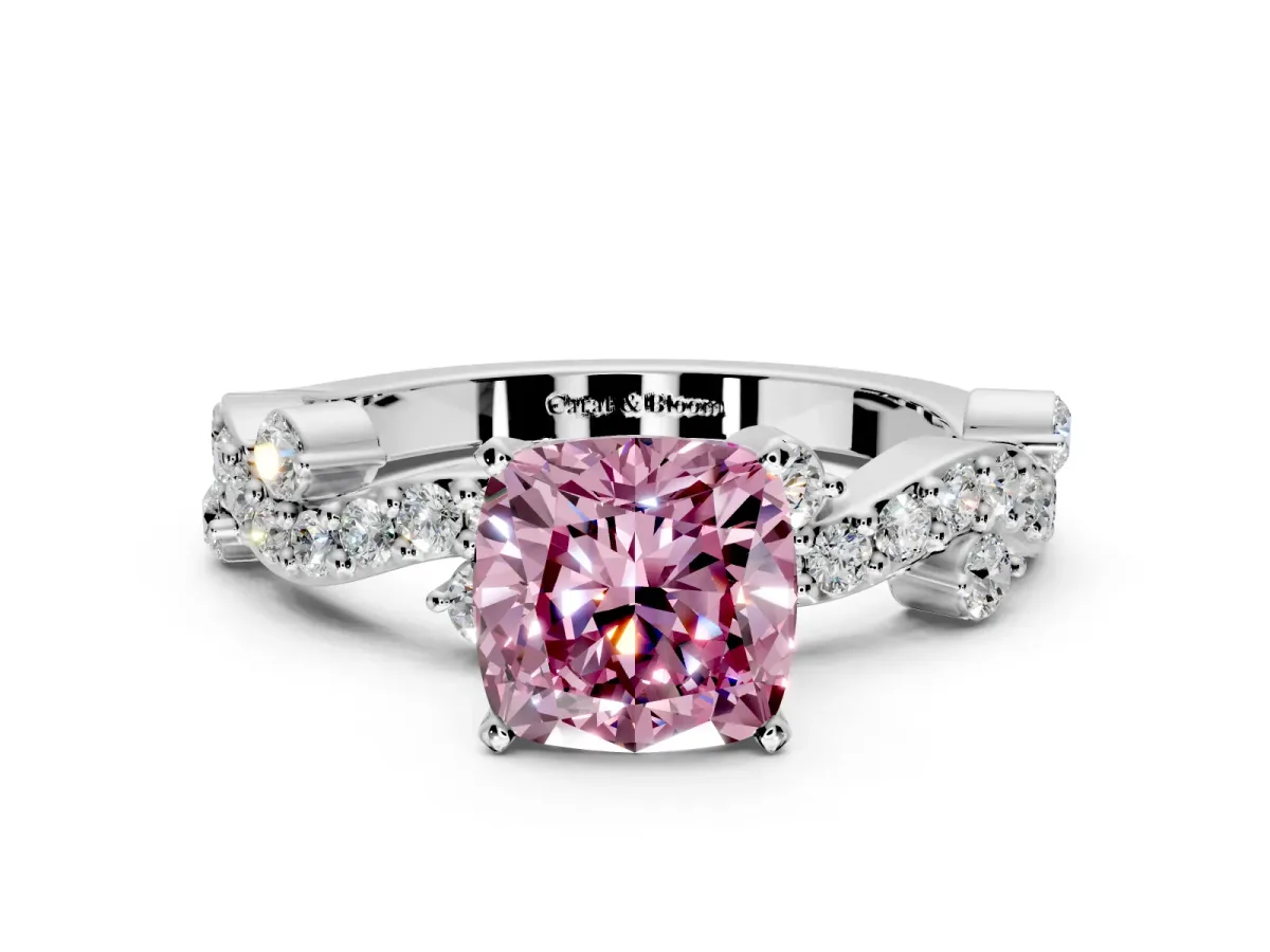 Solitaire Engagement Ring Setting for Fancy Pink Cushion Cut Center with Bar-Station Pave Twist and Prong Head in Sterling Silver